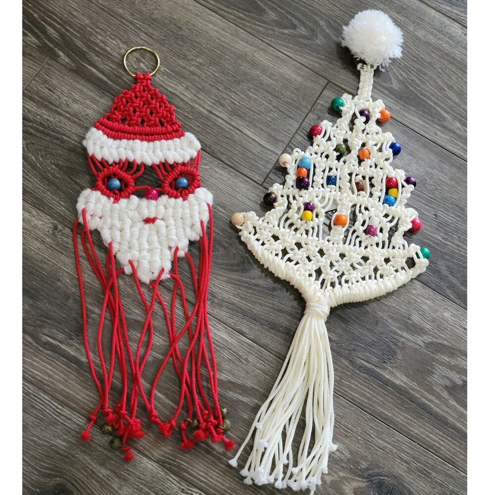 Handmade Macrame Santa & Christmas Tree Wall Hangings‎ Wood Beads Lot of TWO